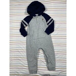 Baby GAP Hooded Romper – Gray & Navy Long Sleeve Teddy Logo | 18–24 Months